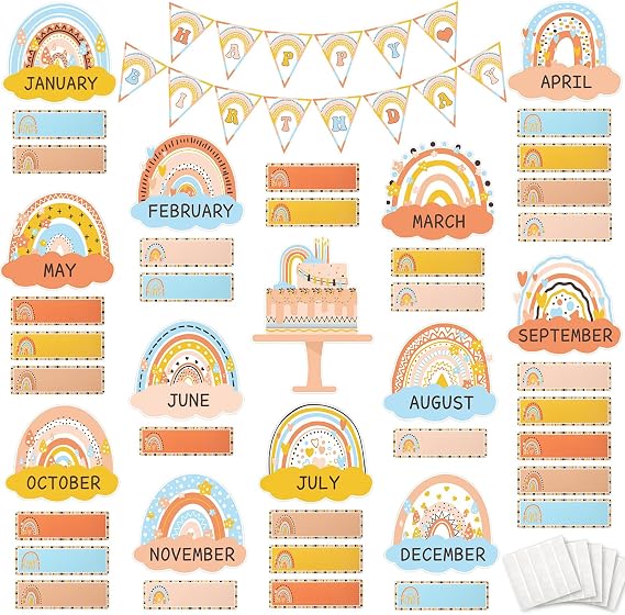62 Pcs Boho Classroom Decor, Birthday Bulletin Board Decorations Set, Rainbow Bulletin Board Cutouts for School