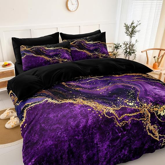 Black Gold Comforter Set 8 Pcs Purple Marble Bedding Set Full Size Bed in A Bag Stone Texture Abstract Room Decor