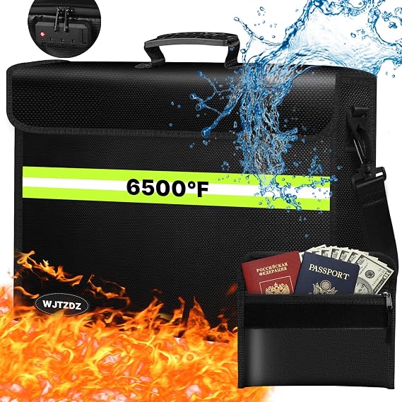 6500F Fireproof Document Bag with Lock-Fireproof Box with 10 Layers Insulation Materials&Waterproof Zipper,Removable Wallet,Reflective Strip for Cash,Documents,Jewelry(14.2x 9.6x 4.1)