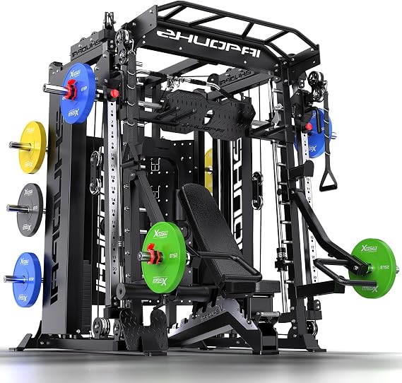 Smith Machine with Cable Crossover System, Multi-Function Squat Rack Power Cage for Home Gym, Power Rack and Packages