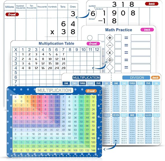 Multiplication Master Kit - 3 Pack Double Sided Dry Erase Math Whiteboards & Times Table Chart | 9"x12" Multiplication Division Boards + 8"x11" Multiplication Table | Classroom Homeschool Supplies