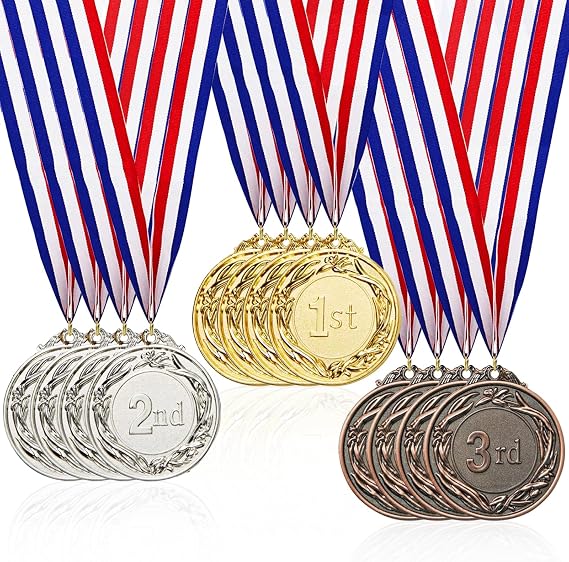 12 Pcs Medals for Children Sports Day Medals 2 inch Gold Silver Bronze Medals Metal for Kids Adults Winner Medal with Ribbon 1st 2nd 3rd Medals Award for Gymnastic Medal Competitions Party