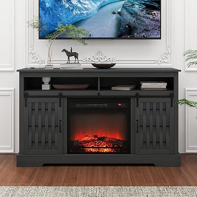 Electric Fireplace TV Stand - Farmhouse TV Stand for TVs up to 65, 35 Tall Entertainment Center with Storage Cabinet, Media Console Table with Sliding Barn Door for Living Room, Black