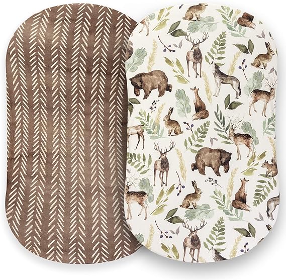 Pobibaby 2 Pack Bassinet Sheets for Boys - Premium Cotton Blend Baby Boy Fitted Sheet Set, Soft Breathable Jersey Knit for Standard Rectangle and Oval Bassinets, Newborn Nursery Bedding (Wildlife)