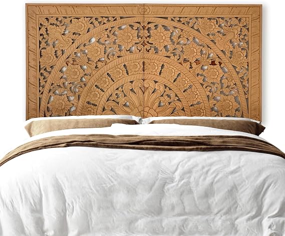 Personalized Natural Wood Carved Headboard - Queen/King Hand Carved Mandala Wall Art, Meaningful Gift for Loved Ones, Boho Wood Wall Decor