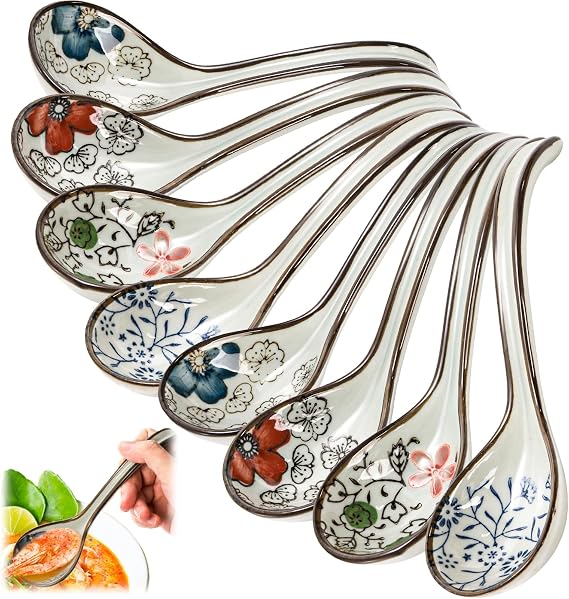 Cididu 8 Pcs Asian Ceramic Soup Spoons, Japanese Ramen Spoon with Long Curved Handle, Chinese Soup Spoon, Porcelain Tablespoon, Kitchen Serving Spoon for Miso, Noodles, Cereal, Wonton, Dumpling Rice
