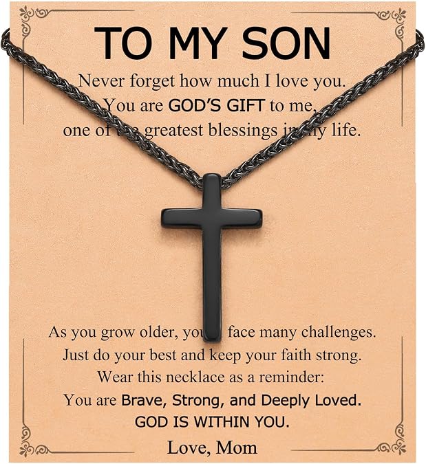 Eryuor Love & Strength Cross Necklace for Son Grandson Teen Boys, 20 Inch