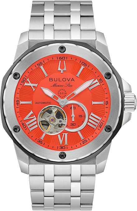 Bulova Mens Automatic Marine Star Series A, Silver-Tone Stainless Steel Case with a 44mm Orange Heartbeat Dial (Style: 98A333)