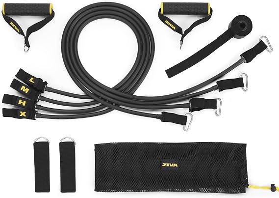 ZIVA Performance Power Resistance Band Set - Multiple TPR Exercise Bands (10, 15, 20, 33 lb) for Resistance Training with Ankle Straps, Door Anchor System - Portable Home Gym Accessories