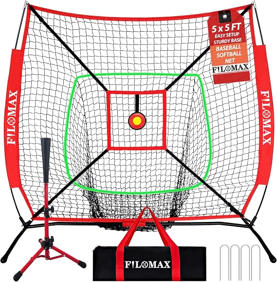 5x5ft Baseball & Softball Practice Net for Kids,with Red Youth Tee & Strike Zone, Portable Backyard Batting Net for Softball & Baseball, Perfect for Children 12 & Under