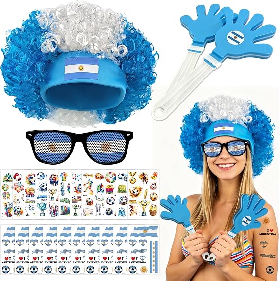 2026 Soccer Patriotic Set, Argentina Flag Color Wig, Party Glasses, 2Pcs Hand Clappers, 22Pcs Waterproof Stickers, Ideal Gift for Football Lovers and Argentina Fans