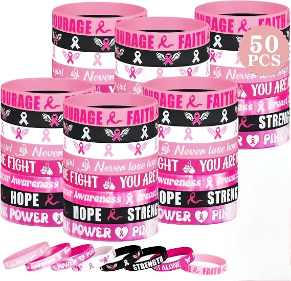 50pcs Breast Cancer Awareness Accessories, Rubber Breast Cancer Awareness Bracelets Bulk, Motivational Breast Cancer Wristband with HOPE STRENGTH FAITH COURAGE, Bracelets for Women Party Favor Stuff