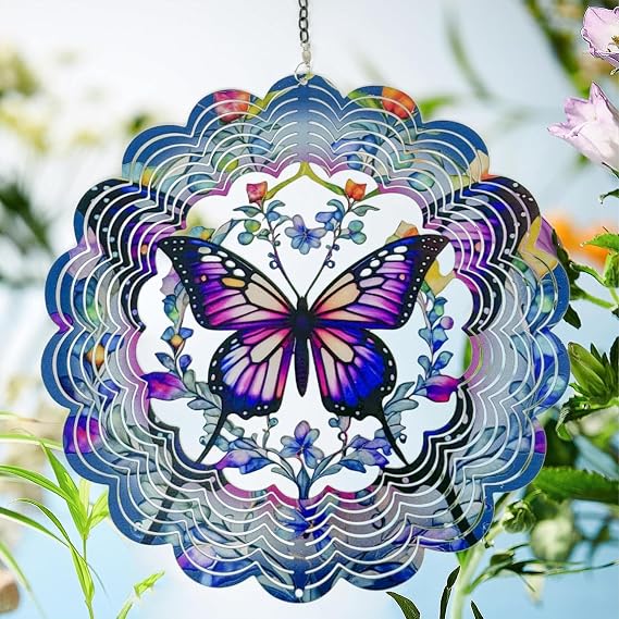 Butterfly Wind Spinners Metal Hanging Wind Spinner for Outdoor & Indoor Decorations, 30cm 3D Wind Spinner for Garden Ornament Gifts (Purple)