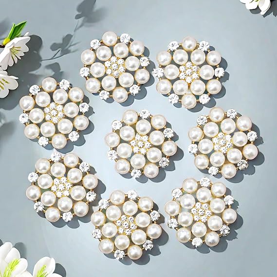 24 pcs Pearl Buttons Rhinestone Crystal Gold Flatback Beads Brooches Elegant Embellishment Accessory DIY Craft for Wedding Party Bags Shoes Dress Home Decoration 28.7mm (Upgraded Design (Gold))