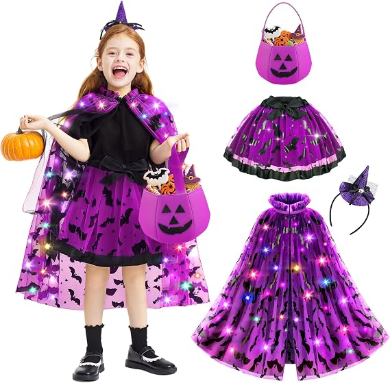 Light up Witch Cape, Girls Halloween Costume Bat Tutu for Girl 3 4 5 6