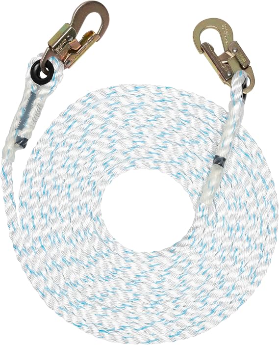 Pelican Rope Vertical Lifeline Rope - 5/8 inch Fall Protection Lanyard - Ladder & Tower Gear - 3 Strand Line with Steel Snap Hook Ends - 200 ft.