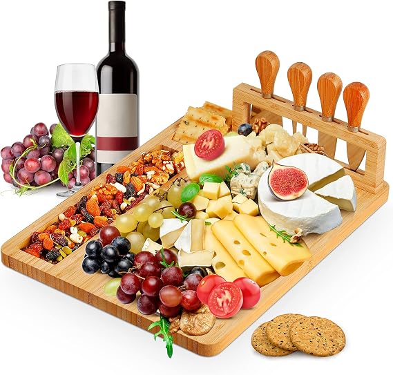 Bamboo Cheese Board Set, Charcuterie Platter and Serving Meat Board Including 4 Stainless Steel Knife and Serving Utensils, Unique Gifts for Christmas Wedding Birthday Anniversary(14''x11'')