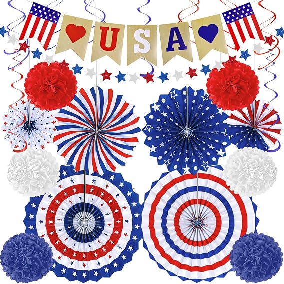 4th of July Decorations - 26 PCS Patriotic USA Banner Star Streamer Paper Fans Hanging Swirls Pompoms Set for Memorial Day | 250th Anniversary America Merchandise Accessories for Indoor Outdoor Home