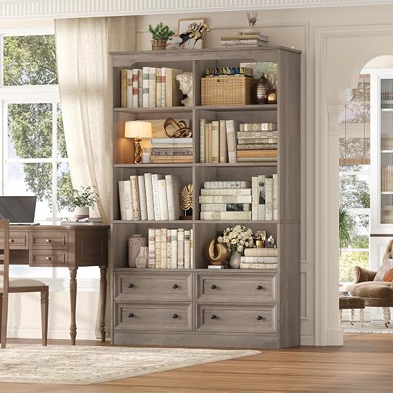 FINETONES 71" Tall Bookshelf with 4 Drawers Large Bookshelf Office Bookcase