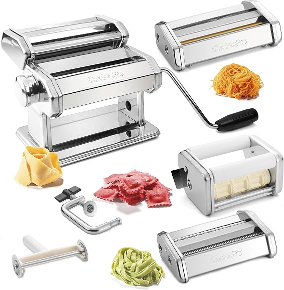Pasta Maker Deluxe Set- Stainless Steel, 3 Interchangeable Attachments | Machine Makes 5 Different Pasta, Spaghetti Fettuccini Angel Hair Ravioli Lasagnette- Durable Cutters for Adjustable Thickness