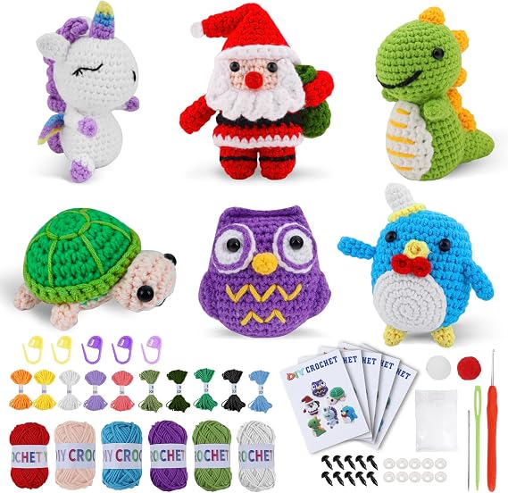 Tintinadv 6Pcs Crochet Kit for Beginners - Knitting Kit for Adults and Kids Beginners -Woobles Crochet Kit and Crochet Animals Kits with Easy Peasy Yarn and Step-by-Step Video Tutorials