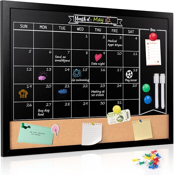 Monthly Chalkboard Calendar & Cork Board for Wall, 18" x 24" Magnetic Chalk Calendar Board Combo Board, Hanging Wood Frame Combination Board Blackboard with Pens for Office, School, Home