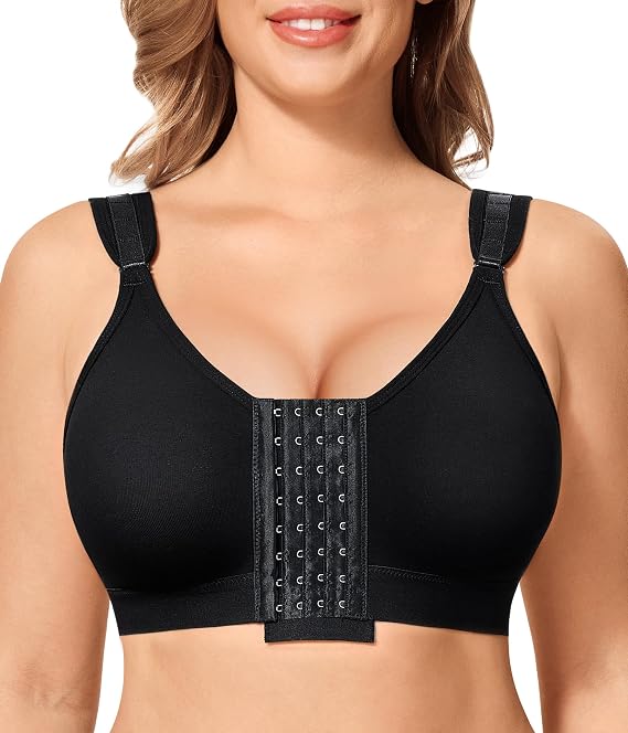 LANCS Women's Front Closure Compression Bra Post-Surgery Mastectomy Support with Adjustable Straps & Wireless Comfort