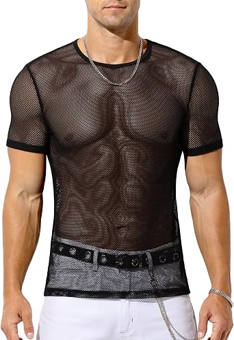 Casey Kevin Mens Mesh Fishnet Top See Through Short Sleeve T-Shirt Breathable Summer Tee for Commute/Festival/Gym