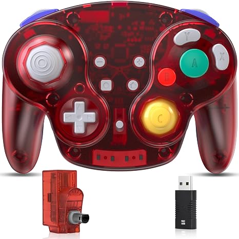 2.4 GHz Wireless GameCube Controller for Switch 1/2, NGC Console, Clear Red