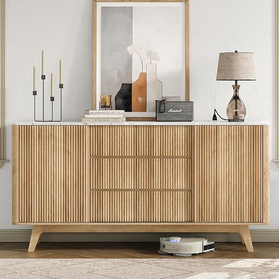 Yanosaku 62" W Fluted Buffet Cabinet with Sliding Doors, Modern Sideboard Storage Cabinet with Power Outlet & 3 Drawers, Mid-Century Coffee Bar Table for Living Room, Dinning Room, Natural