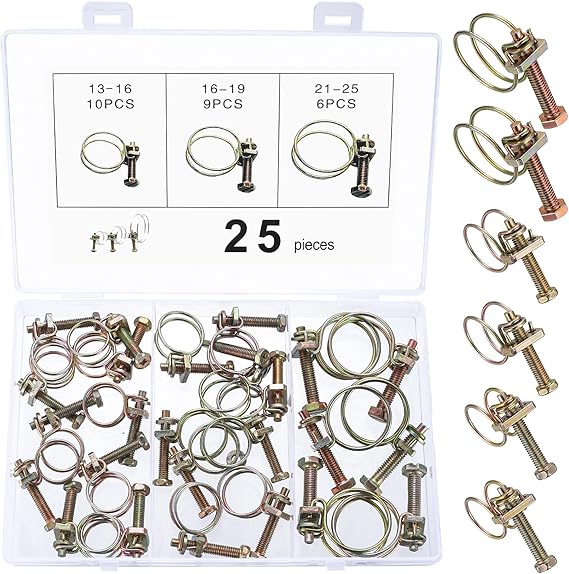 25 Pcs Double Wire Hose Clips, Adjustable Carbon Steel Pipe Clamps