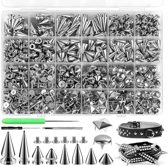 600 Sets Punk Spikes and Studs Kit, 10 Sizes Spikes Studs for Clothing
