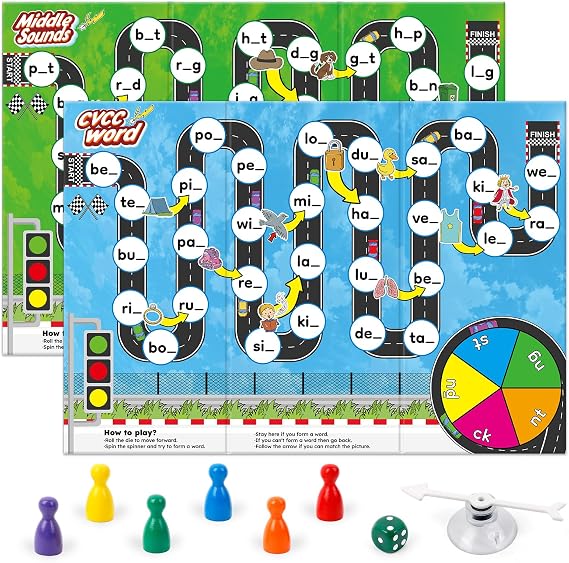 Broytain Phonics Board Games for Kids,Educational Learning CVC and CVCC Board Games for Boys and Girls,Reading and Spelling Word Games Ages 4 5 6,Classroom Travel Indoor Outdoor Family Games