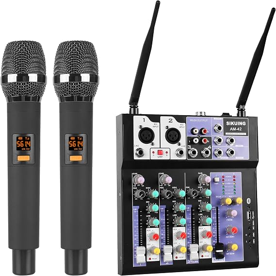 4 Channel Audio Mixer with Dual Wireless Microphone,Professional DJ Mixer Board Sound Board,MP3 Bluetooth USB Interface 48V Phantom Power for Karaoke,Podcasting,Recording,Live Streaming(YG-42)