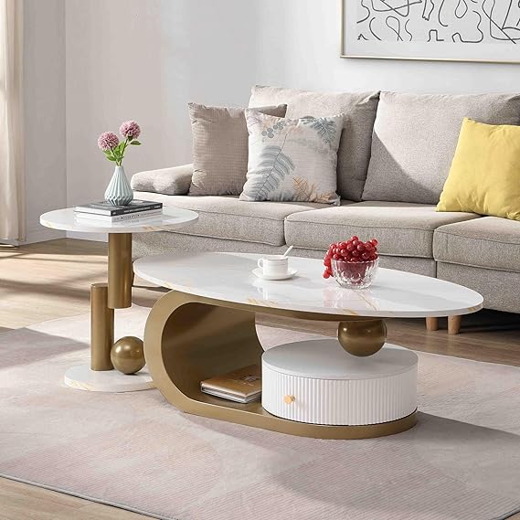 Modern Oval Coffee Table Set of 2, White Nesting Coffee Tables with Storage Drawer for Living Room, Faux Marble Coffee Table and Round End Table Luxury Living Room Accent Table for Apartment,Gold