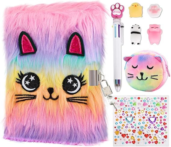 homicozy 9 Piece Diary Girls Set with Lock Secret Plush Cat Notebook 160 Lined Pages A5 Private Diary Children with Purse Pen Journal Gifts for Writing Drawing