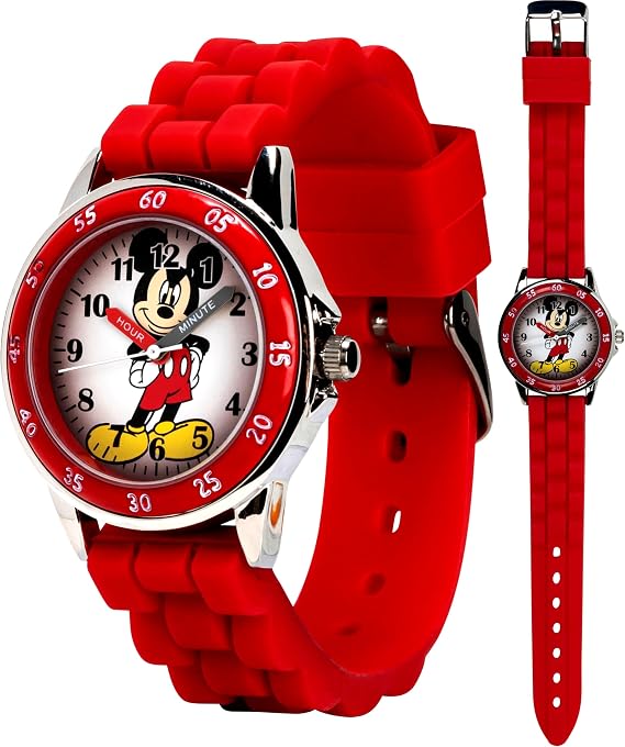Mickey Mouse Kids Analog Time Teacher Watch, Easy-Read Dial, Fun Educational Watch, Silicone Strap, Red, White, and Grey Options