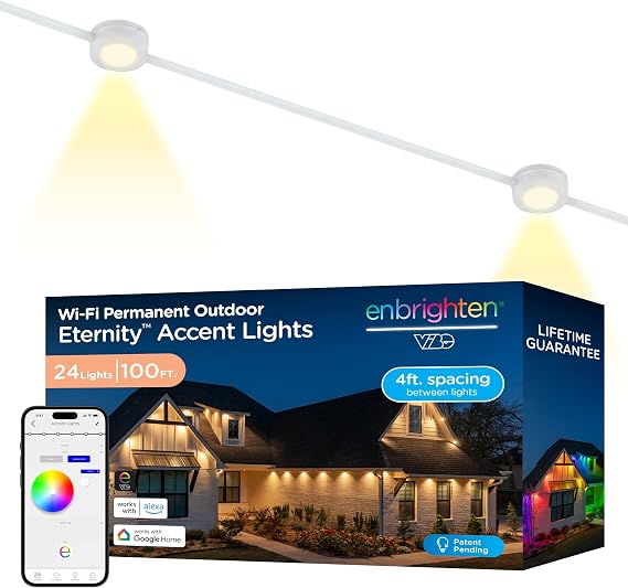 Enbrighten Accent Permanent Outdoor Lights, 100ft, 24 Lights, Smart