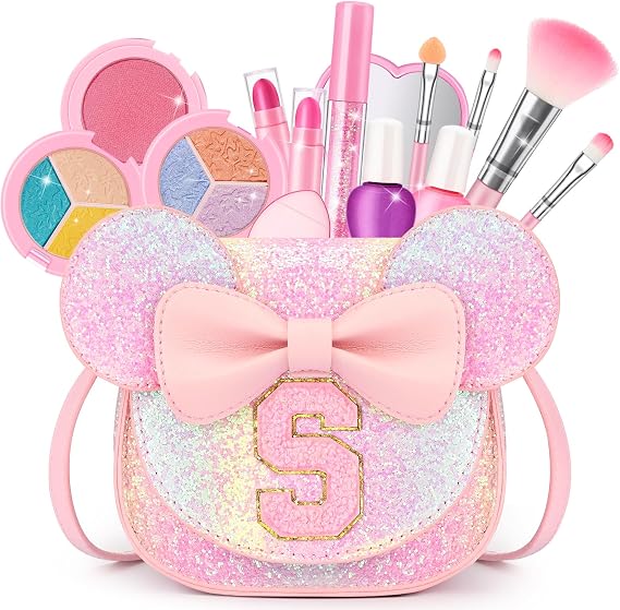Kids Makeup Kit for Girl, 15Pcs Real Washable Make Up Set & Purse Rainbow S