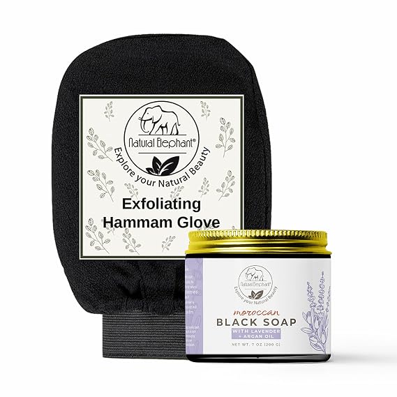 Natural Elephant Morrocan Black Soap and Exfoliating Hammam Glove Kit (Lavender Black Soap and Black Hammam)