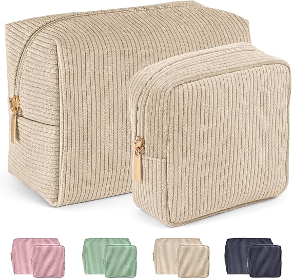 MAGEFY Makeup Bag 2 Pcs Corduroy Cosmetic Bag Small Makeup Bags for Women Travel Pouch with Slip-in Pockets(Beige)