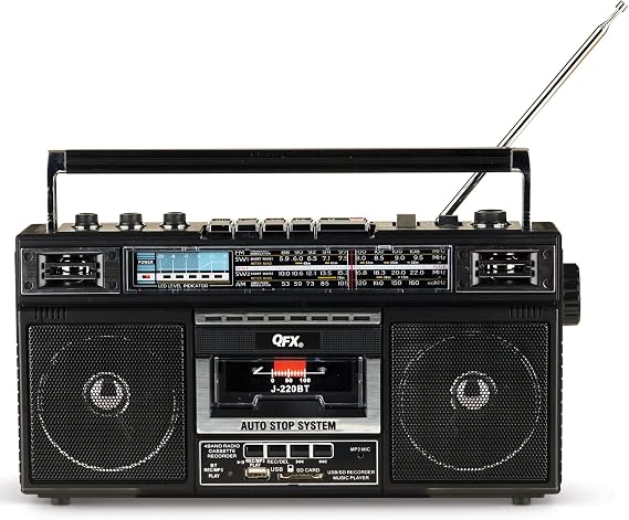 QFX Retro Bluetooth Boombox Cassette Tape Player Recorder, J-220BT, Black