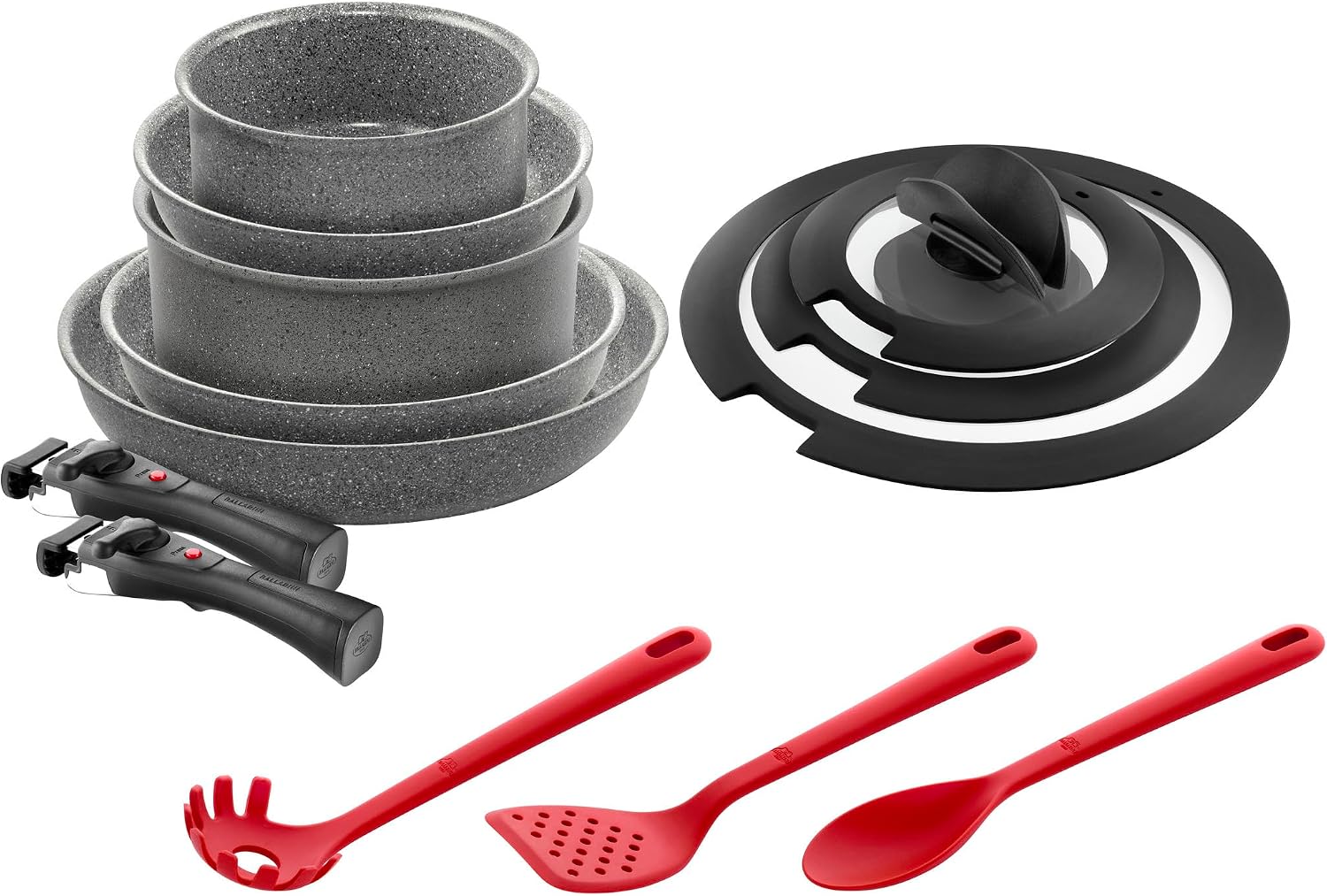 BALLARINI Torre Frying Pan and Saucepan Set + Silicone Kitchen Utensils 13 Pieces Ceramic Coating Suitable for Induction Cookers Removable Handles Lid with Folding Handles Aluminium Grey