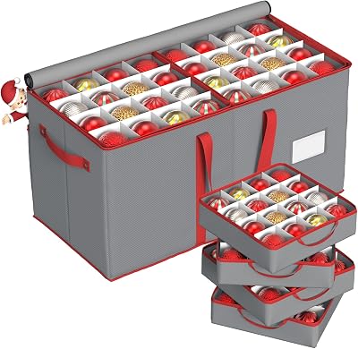 Christmas Ornament Storage Box with 8 Trays, Christmas Storage Container for 128-3 Holiday Ornament Decorations, Large Xmas Organizer with Adjustable Dividers, Dual Zipper and Pocket Grey