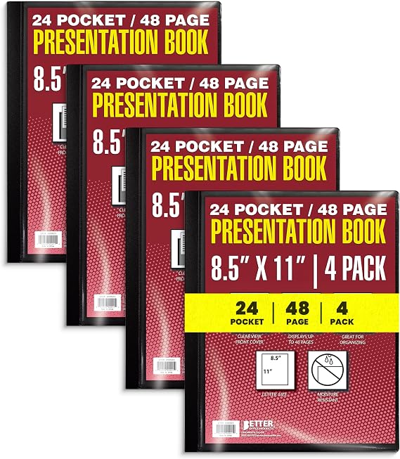 Better Office Products 24 Pocket Bound Presentation Book, Black, Clear View Front Cover, 48 Sheet Protector Pages, 8.5" x 11" Sheets, Art Portfolio, Durable Poly Cover, Letter Size 4 Pack
