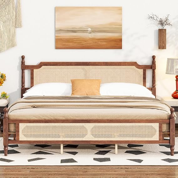 Rattan Bed Frame King with Rattan Headboard & Footboard, Boho Bed Frame with Wooden Slats, Pine Wood, Mid Century, No Box Spring Needed (Walnut, King)