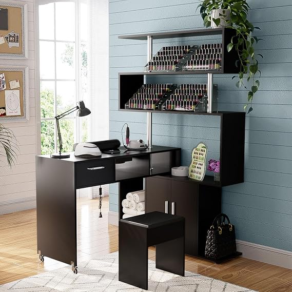 Kikihouse Manicure Table Nail Desk with Stool, Rotating L-Shaped Nail Tech Desk with Dust Collector, Two-Way Drawer, Cabinet & Storage Shelves, Reversible Manicure Workstation on Wheels (Black)