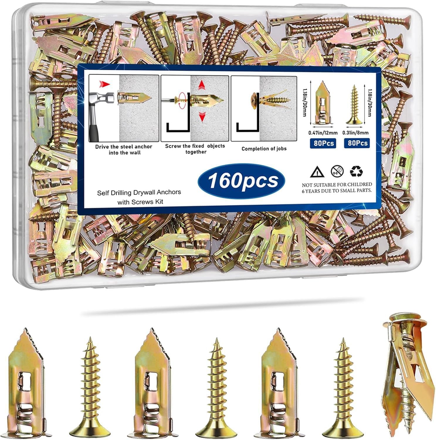 160PCS Self Drilling Drywall Anchors with Screws Kit, 2025 Upgraded (0.47X1.18inch) Zinc Plated Steel Wall Anchors and Self Tapping Screws No Drill or Holes in Wall