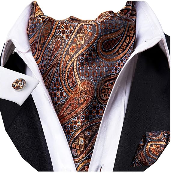 Dubulle Paisley Floral Ascot Tie for Men Self Tie Men's Cravat Tie Pocket Square Cufflinks Wedding, Bronze, Medium