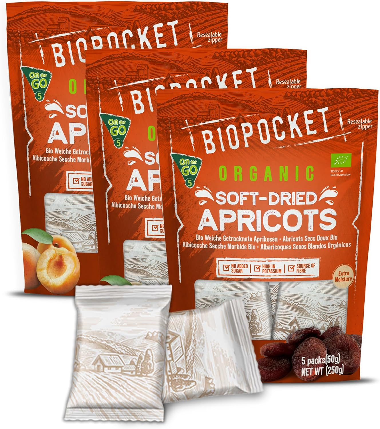Biopocket Organic Soft Dried Apricots On the Go – 3 Bags 15 Individual Portion Packs | Healthy, Organic, Non-GMO, Vegan, Kosher, Gluten-Free Snack Packs